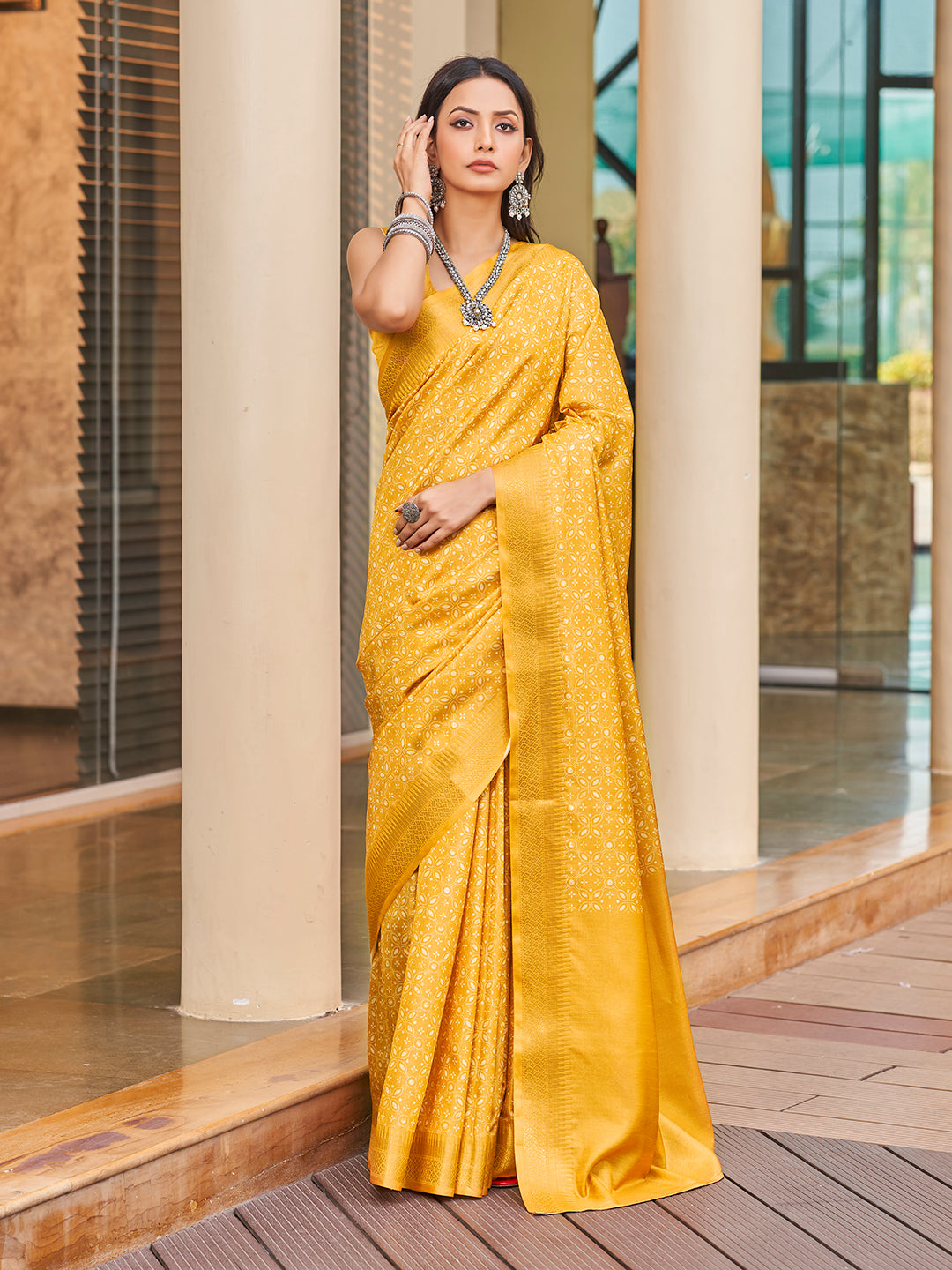 Mustard Yellow Printed Zari Cotton Silk Saree