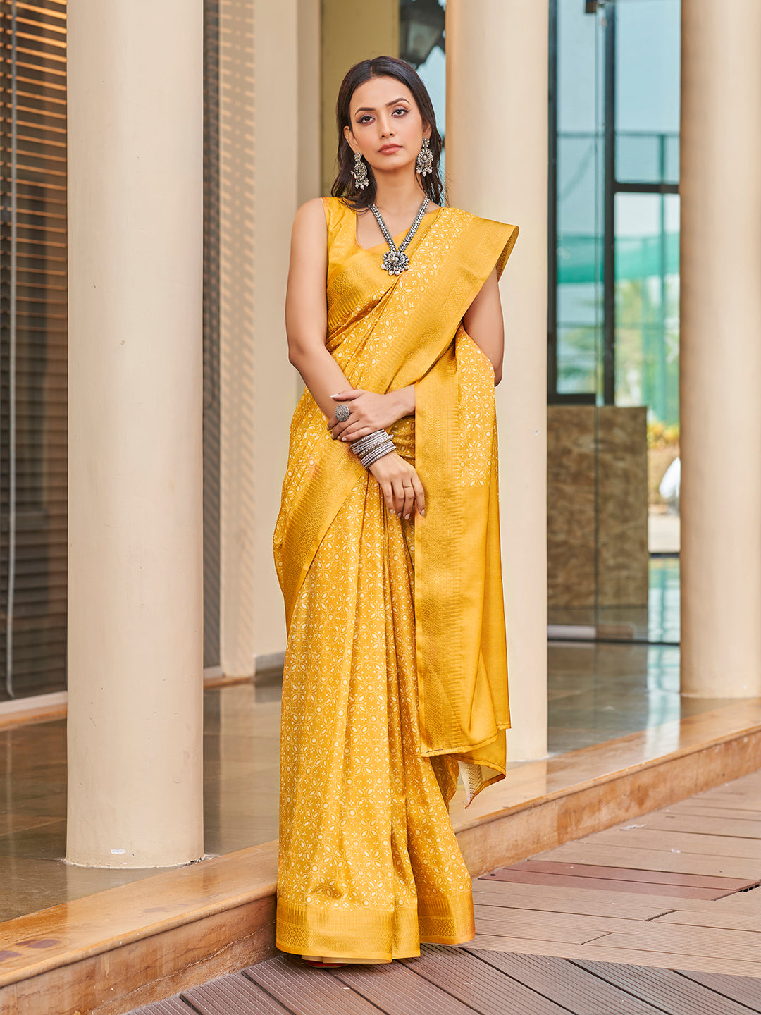 Mustard Yellow Printed Zari Cotton Silk Saree