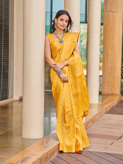 Mustard Yellow Printed Zari Cotton Silk Saree