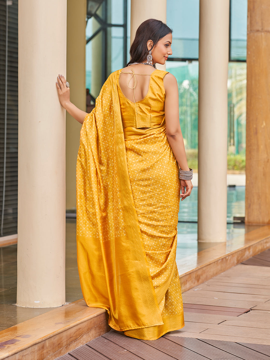 Mustard Yellow Printed Zari Cotton Silk Saree