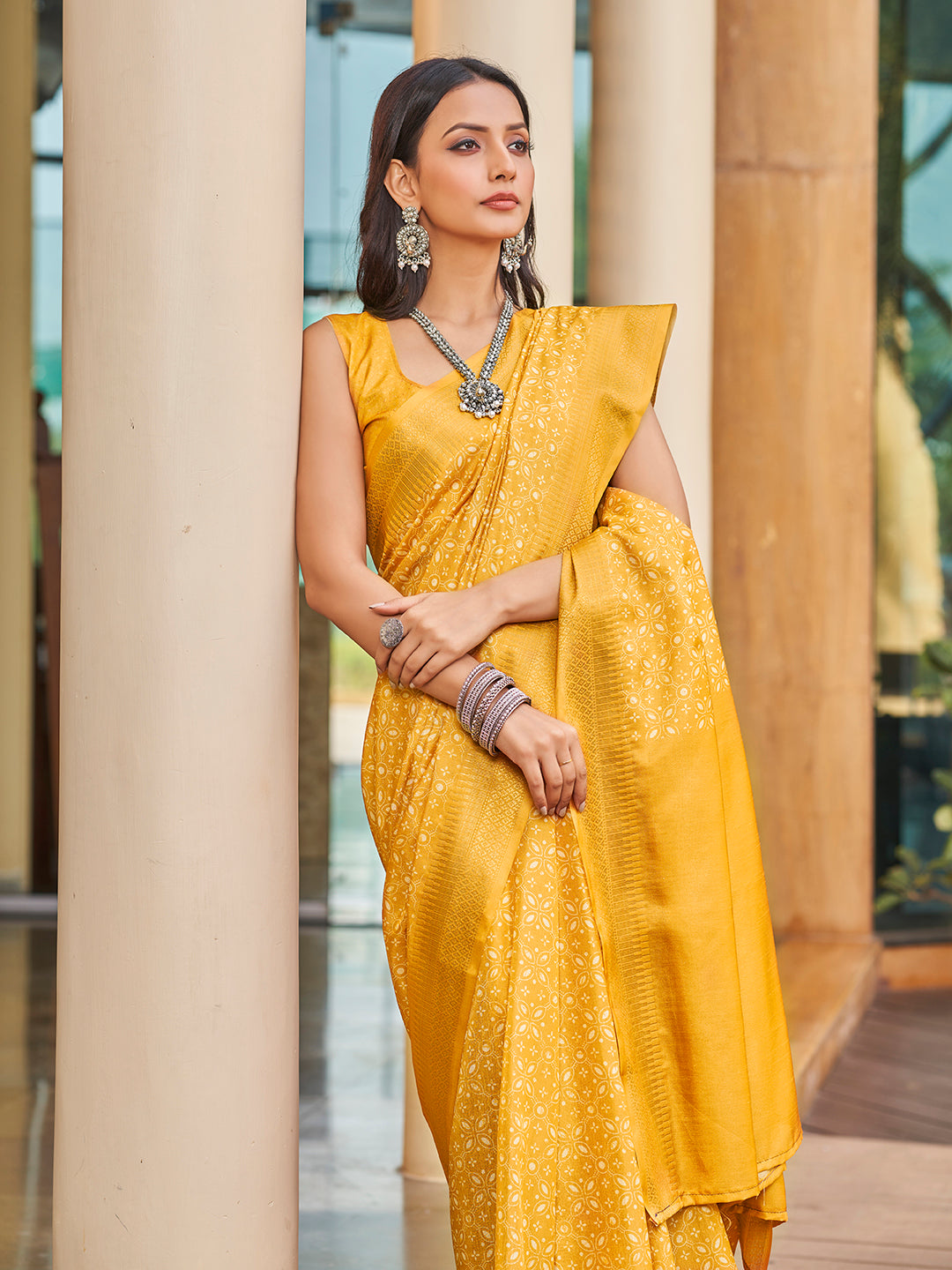 Mustard Yellow Printed Zari Cotton Silk Saree