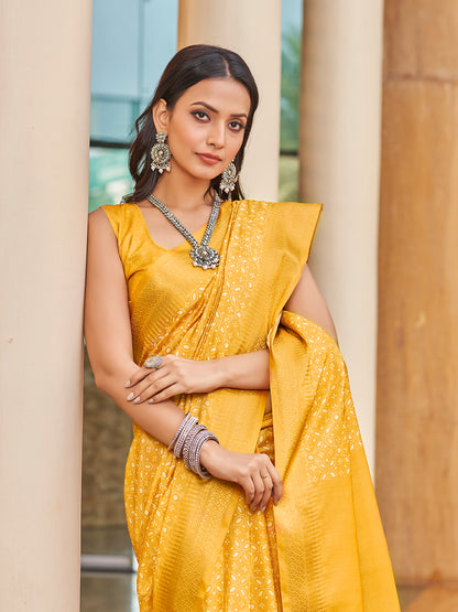 Mustard Yellow Printed Zari Cotton Silk Saree