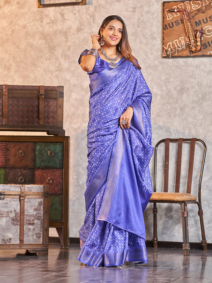 Fancy Blue Printed Zari Cotton Silk Saree