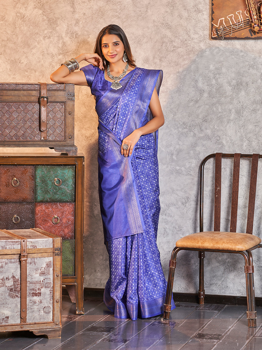 Fancy Blue Printed Zari Cotton Silk Saree