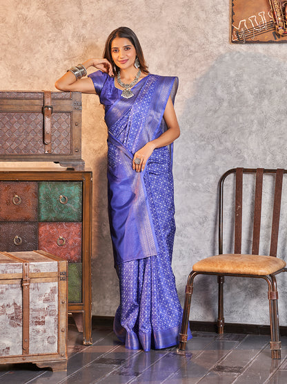 Fancy Blue Printed Zari Cotton Silk Saree