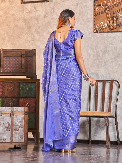 Fancy Blue Printed Zari Cotton Silk Saree