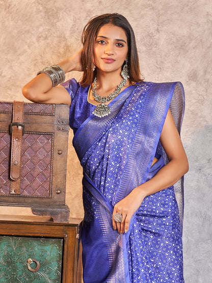 Fancy Blue Printed Zari Cotton Silk Saree