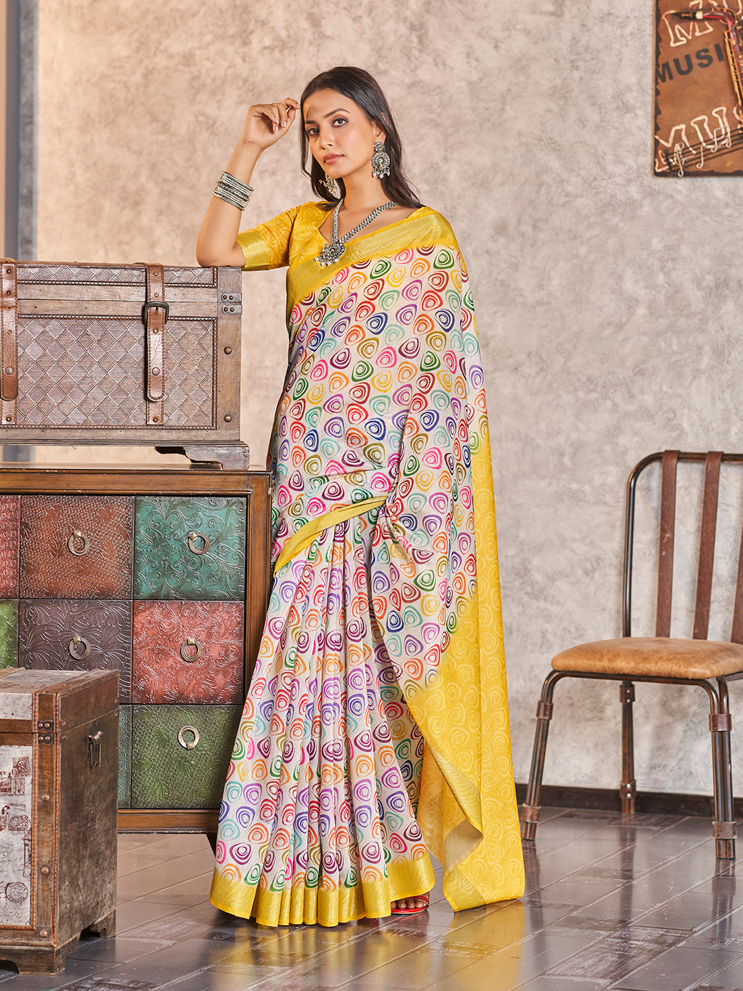 Yellow & Multi Printed Zari Cotton Silk Saree