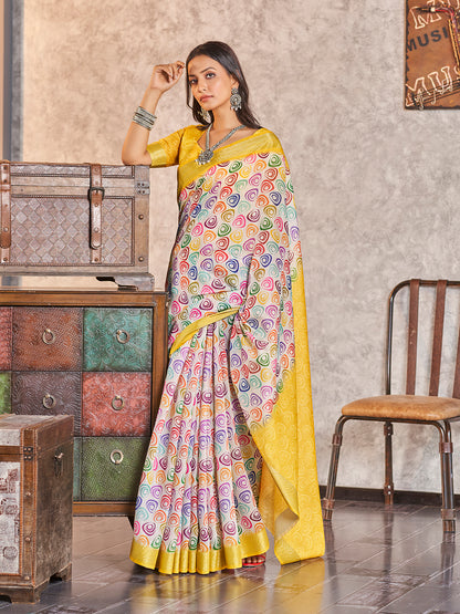 Yellow & Multi Printed Zari Cotton Silk Saree