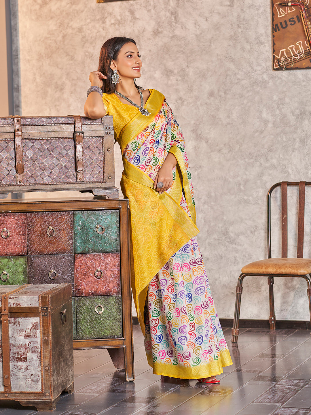 Yellow & Multi Printed Zari Cotton Silk Saree