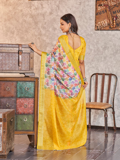 Yellow & Multi Printed Zari Cotton Silk Saree