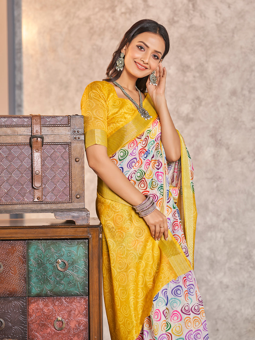 Yellow & Multi Printed Zari Cotton Silk Saree