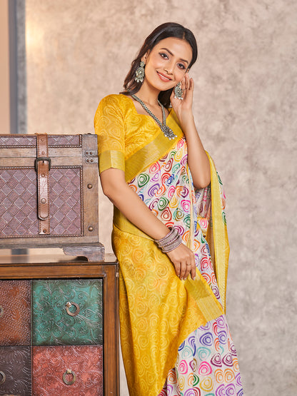 Yellow & Multi Printed Zari Cotton Silk Saree