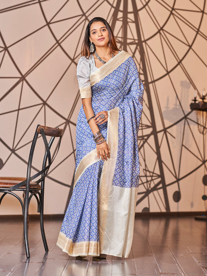 Off White and Blue Printed Zari Cotton Silk Saree