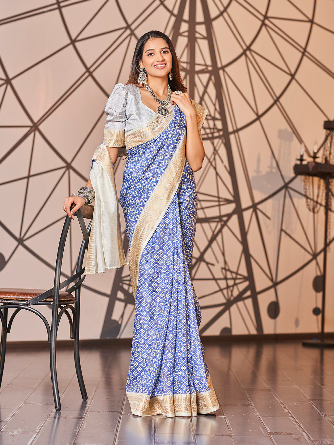 Off White and Blue Printed Zari Cotton Silk Saree