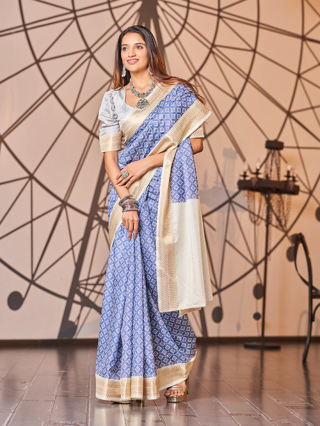 Off White and Blue Printed Zari Cotton Silk Saree