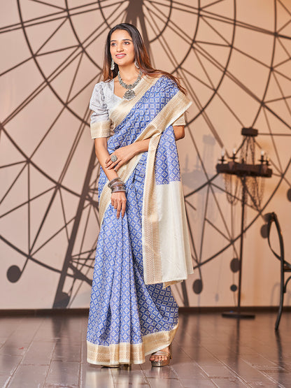 Off White and Blue Printed Zari Cotton Silk Saree