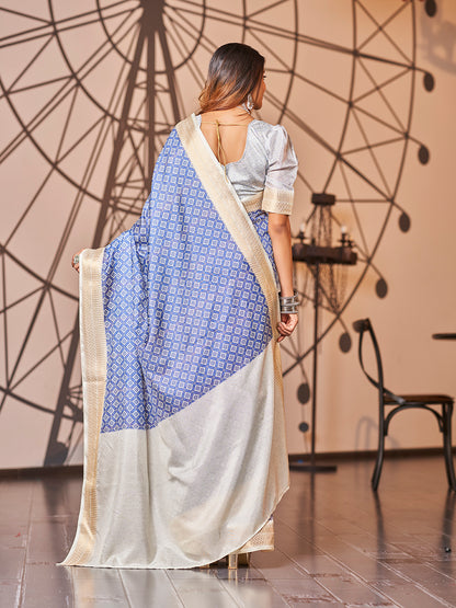 Off White and Blue Printed Zari Cotton Silk Saree