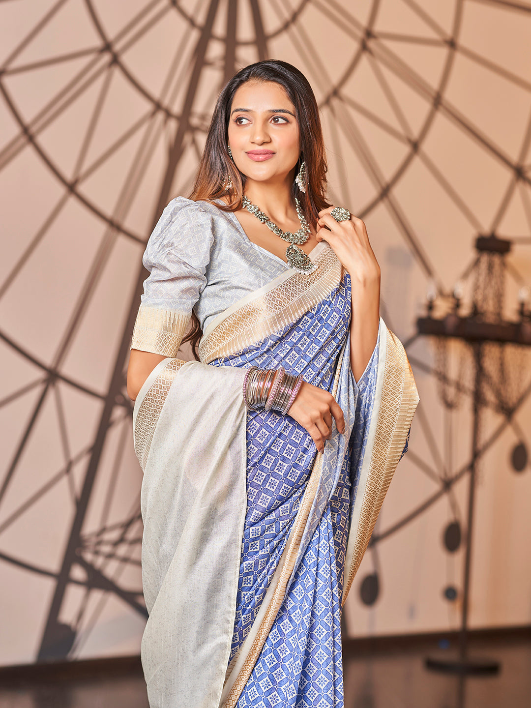 Off White and Blue Printed Zari Cotton Silk Saree