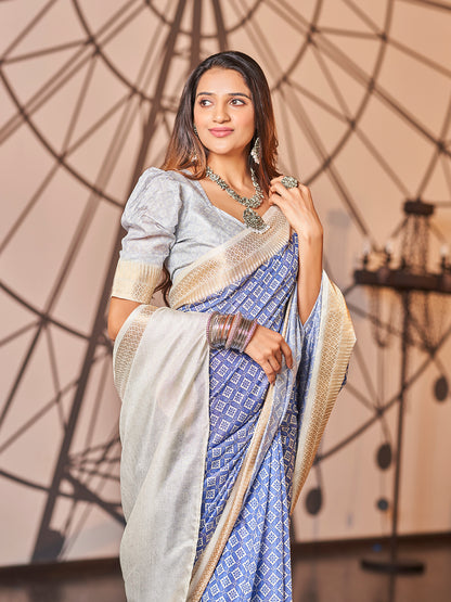 Off White and Blue Printed Zari Cotton Silk Saree