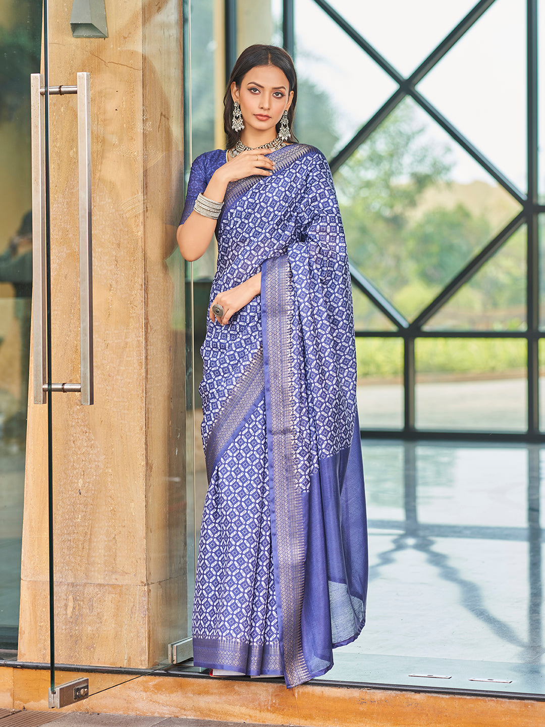 Designer Blue Printed Zari Cotton Silk Saree