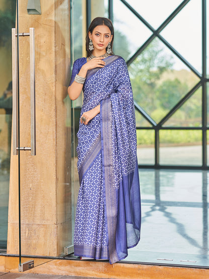 Designer Blue Printed Zari Cotton Silk Saree