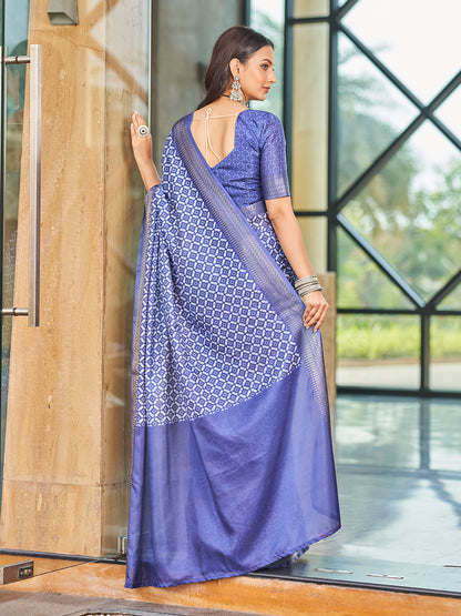 Designer Blue Printed Zari Cotton Silk Saree