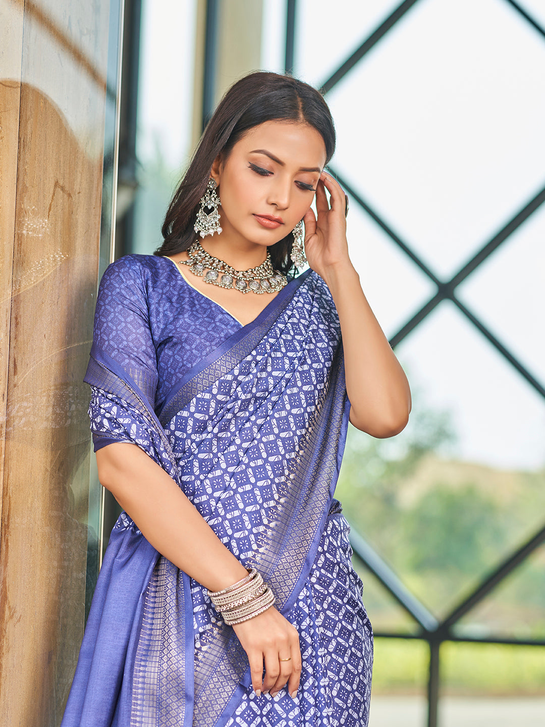 Designer Blue Printed Zari Cotton Silk Saree