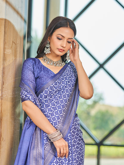 Designer Blue Printed Zari Cotton Silk Saree