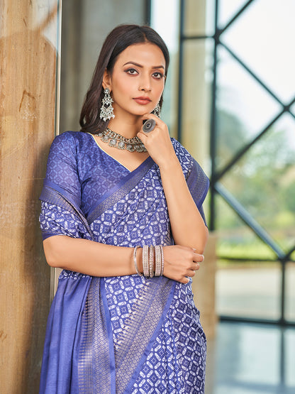Designer Blue Printed Zari Cotton Silk Saree