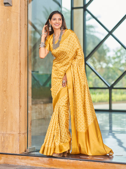 Designer Yellow Printed Zari Cotton Silk Saree