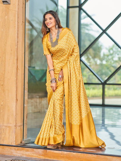 Designer Yellow Printed Zari Cotton Silk Saree