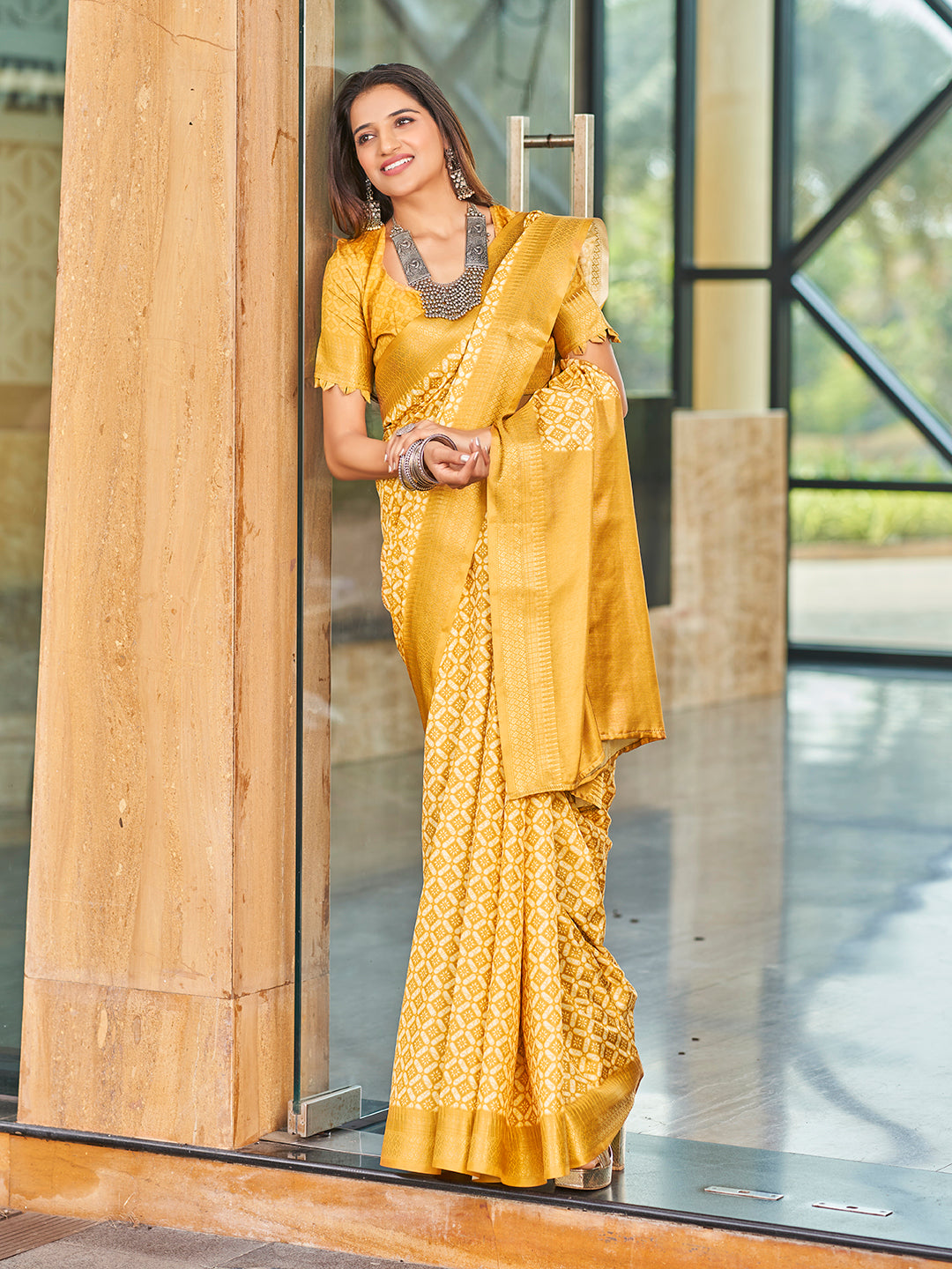 Designer Yellow Printed Zari Cotton Silk Saree