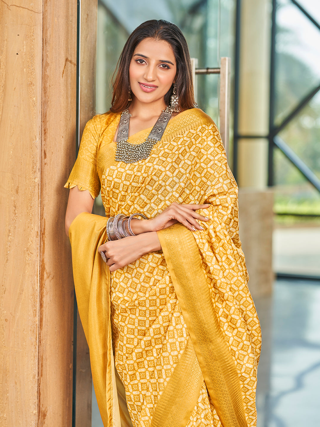 Designer Yellow Printed Zari Cotton Silk Saree