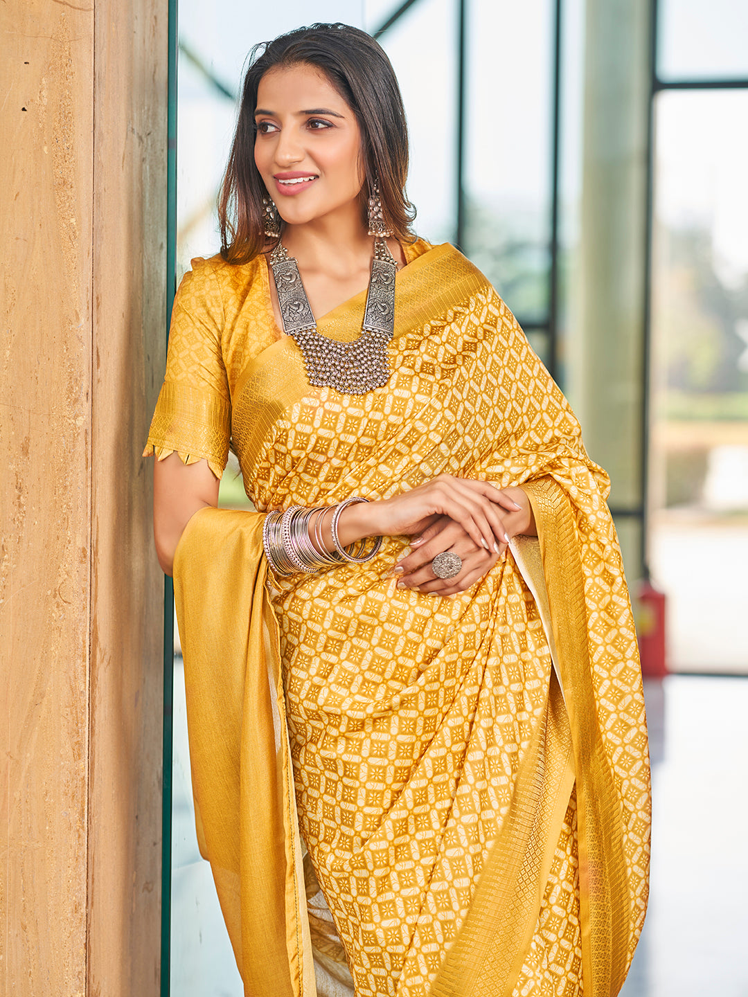 Designer Yellow Printed Zari Cotton Silk Saree
