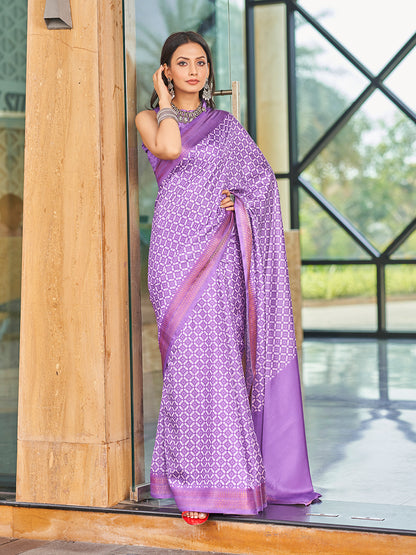 Designer Purple Printed Zari Cotton Silk Saree