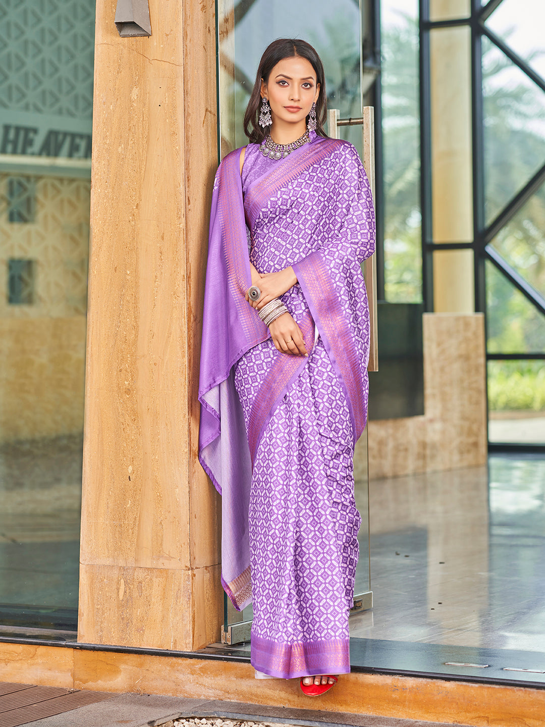 Designer Purple Printed Zari Cotton Silk Saree