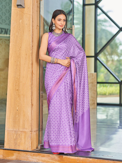Designer Purple Printed Zari Cotton Silk Saree