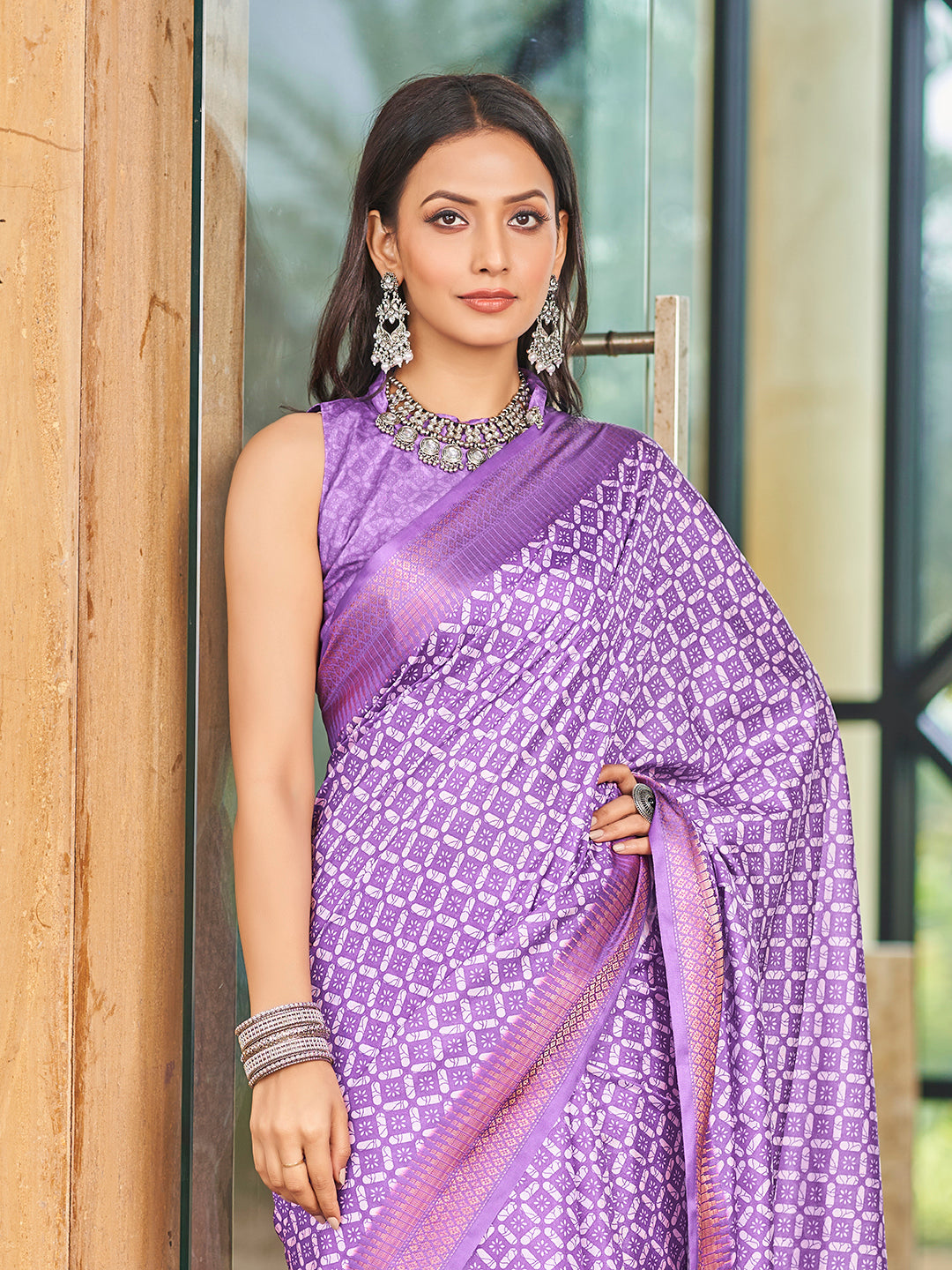 Designer Purple Printed Zari Cotton Silk Saree