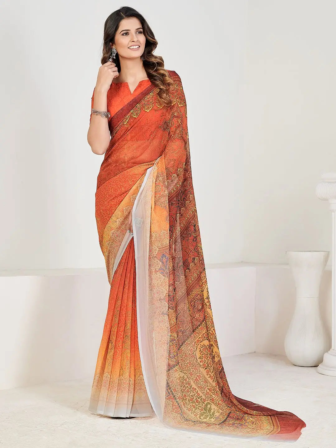 Amazing Orange and Red Georgette Block Print Casual Wear Saree With Blouse