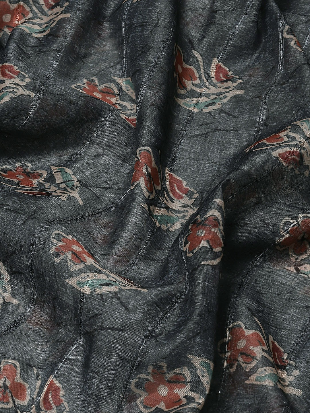 Grey & Brown Floral Print Cotton Blend Saree