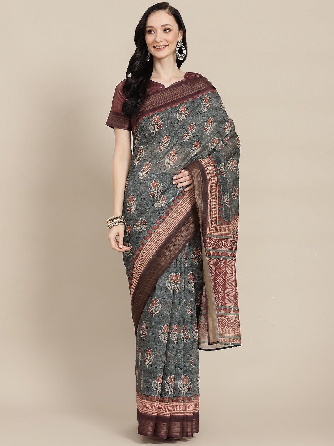 Grey & Brown Floral Print Cotton Blend Saree