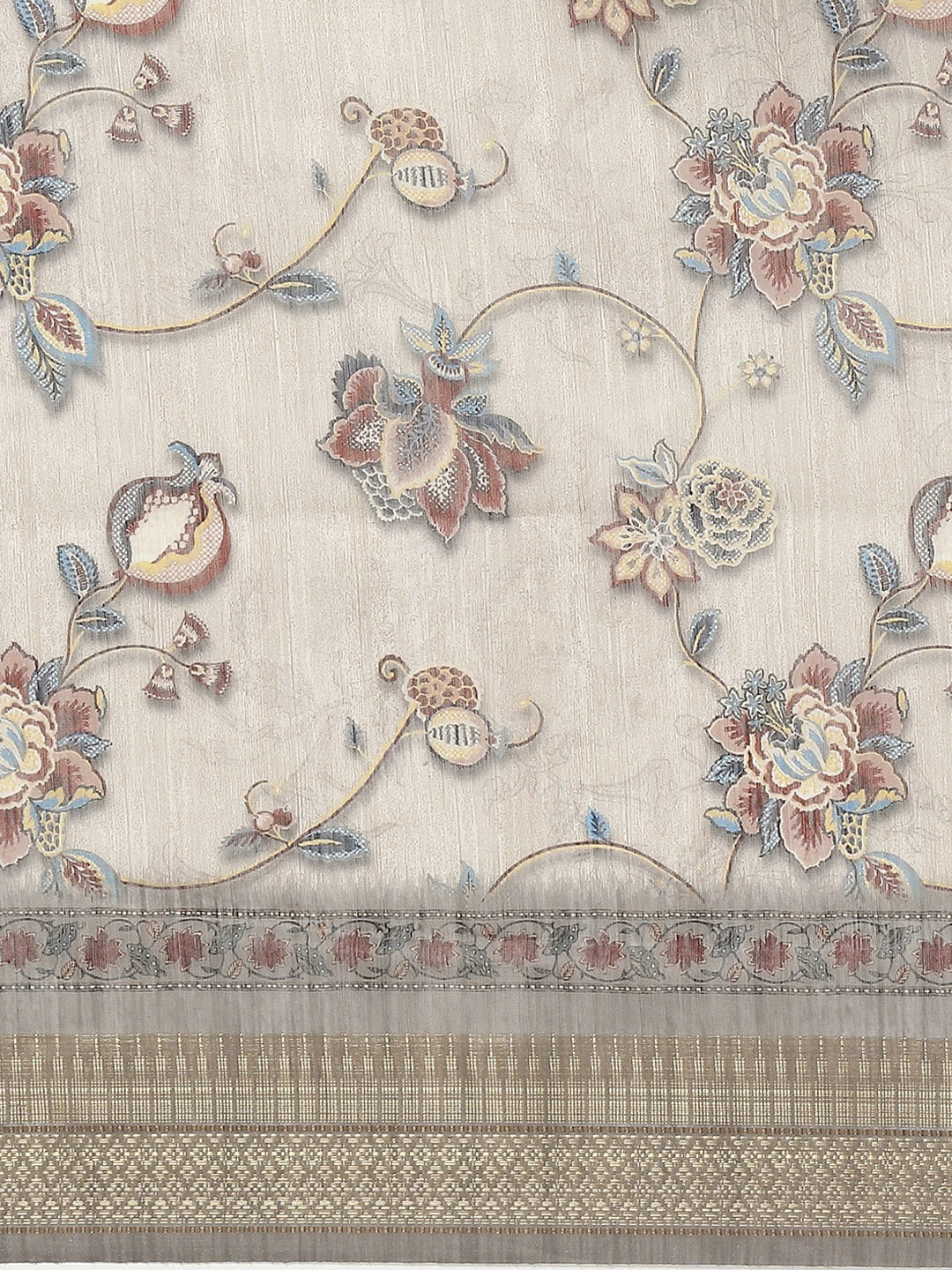 Grey & Blue Floral Print Cotton Blend Saree