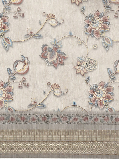 Grey & Blue Floral Print Cotton Blend Saree