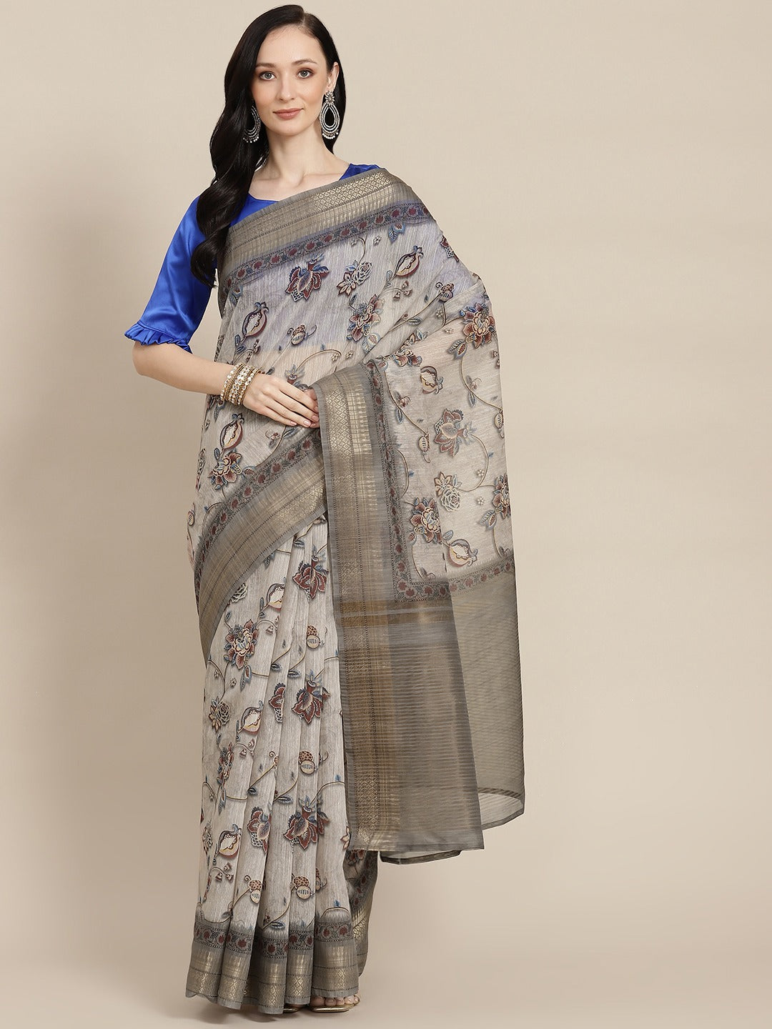 Grey & Blue Floral Print Cotton Blend Saree