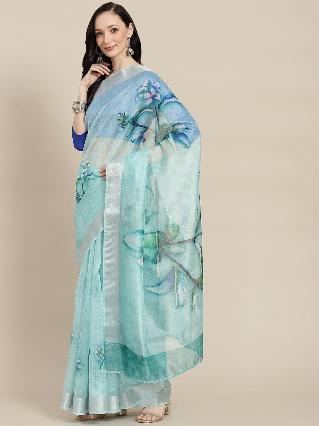 Green & Blue Floral Print Saree