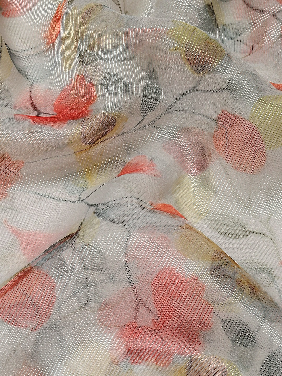 Grey & Red Floral Silk Cotton Saree
