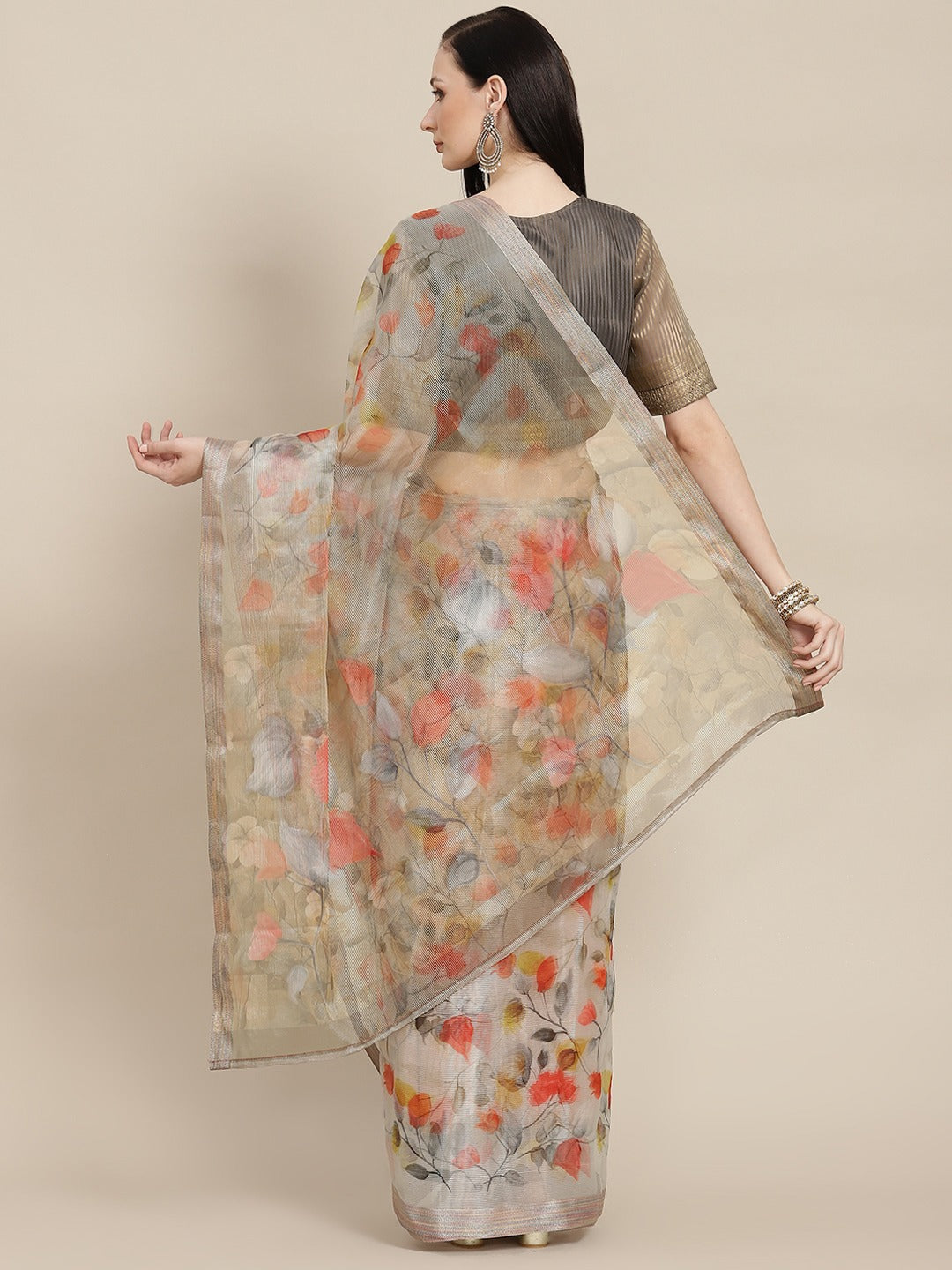 Grey & Red Floral Silk Cotton Saree