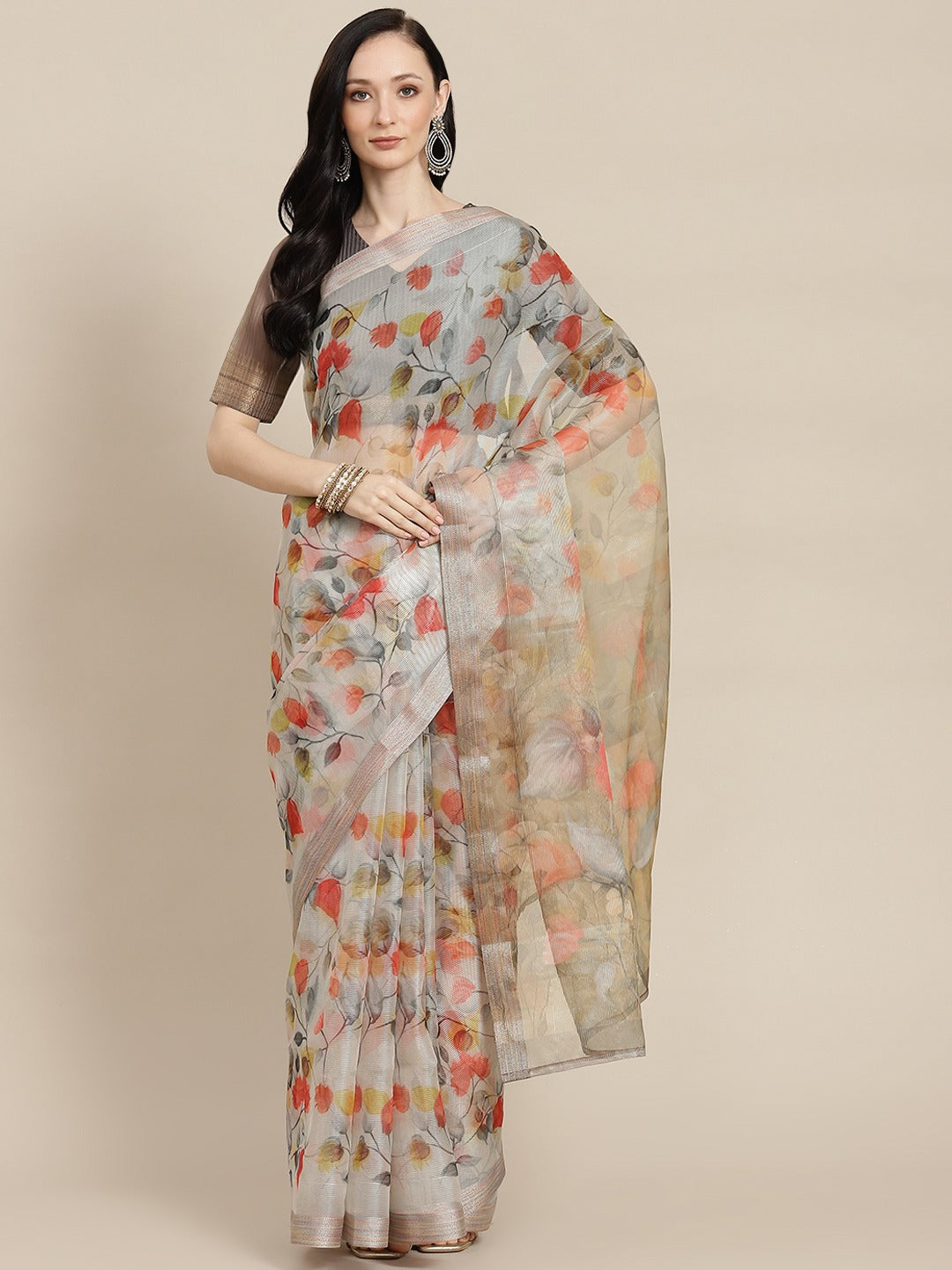 Grey & Red Floral Silk Cotton Saree