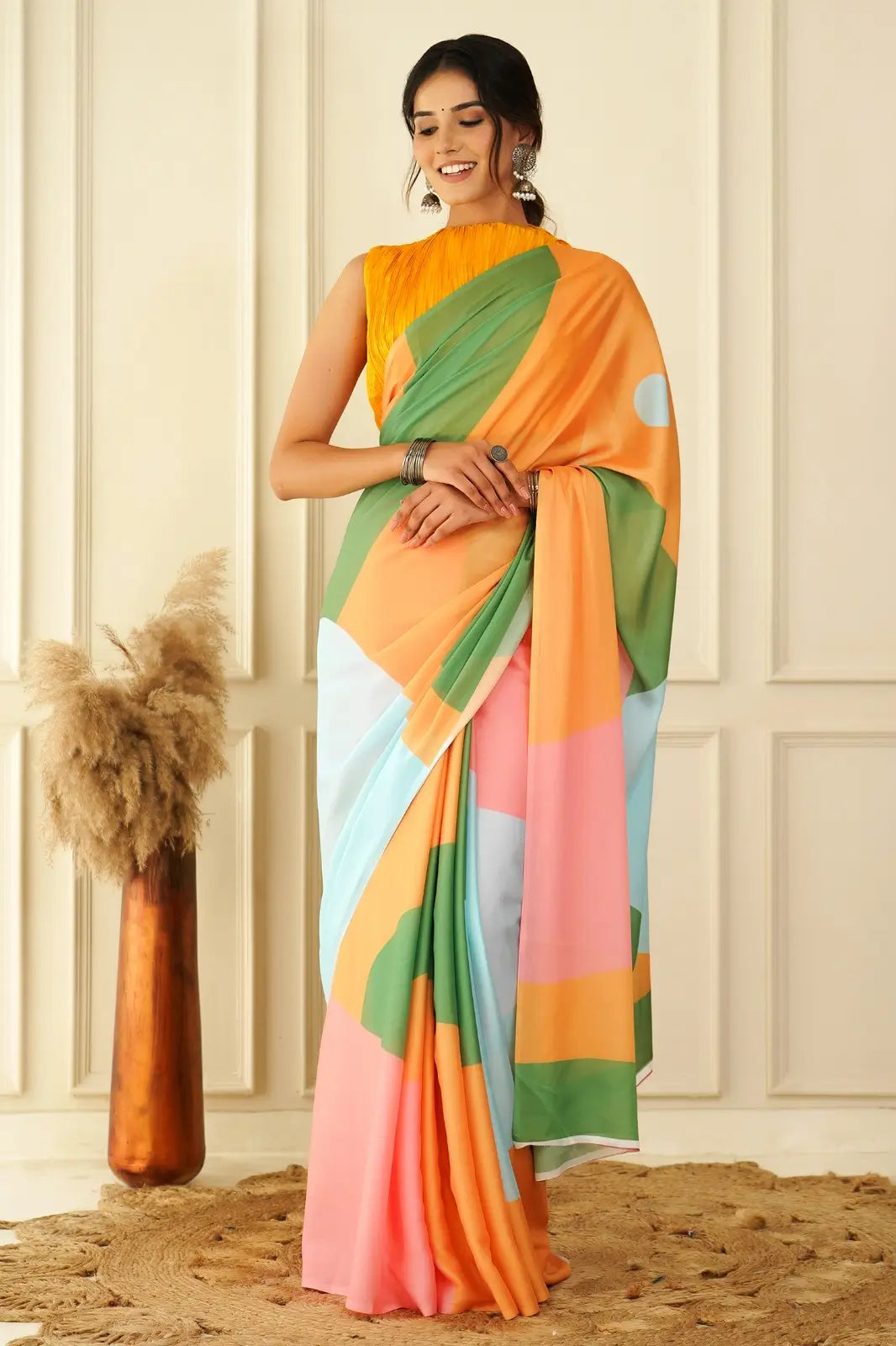 Orange & Multi Floral Print Saree